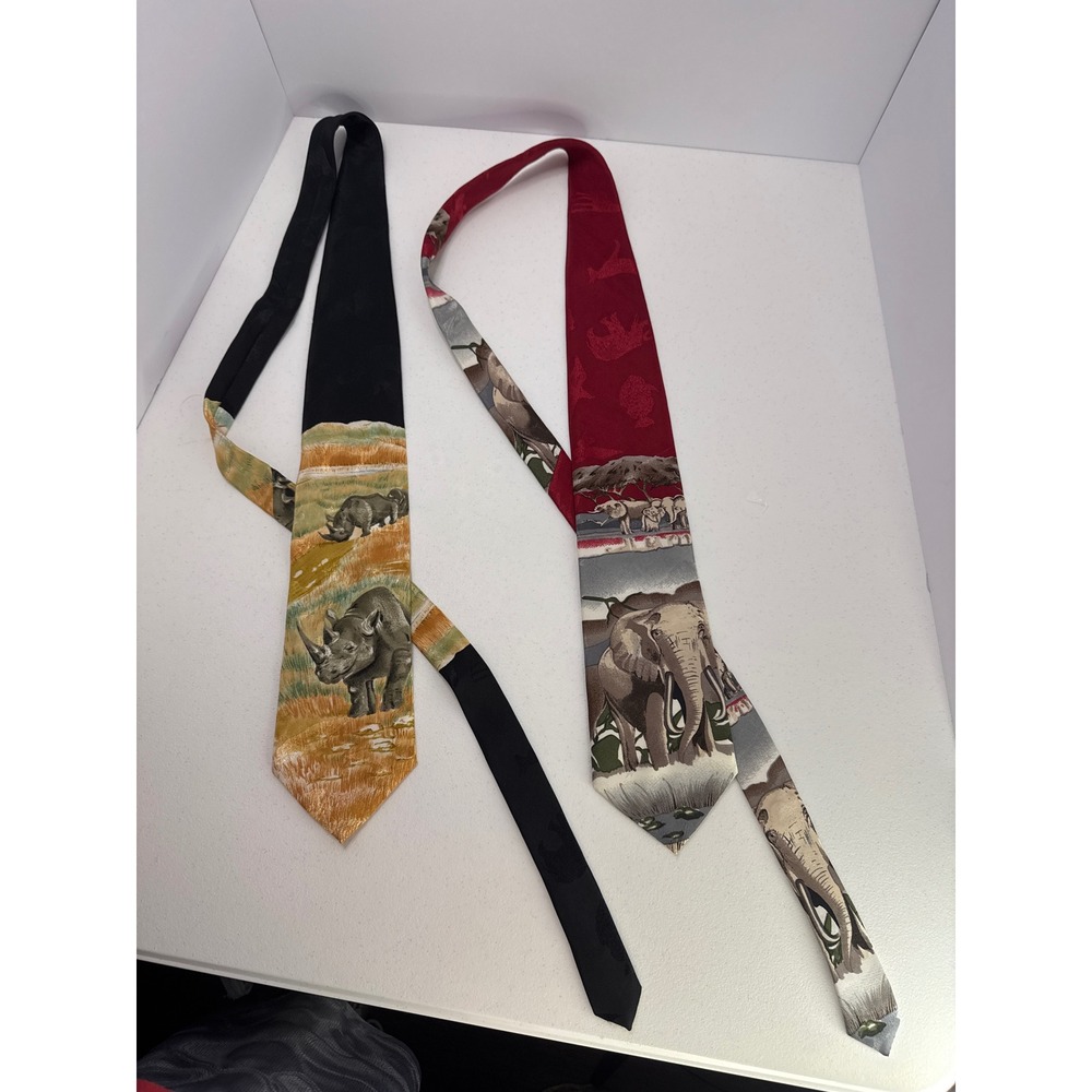 Animal Tracks Mens Safari Tie Set Rhino Elephant Wildlife Nature Savanna 2 Pack
